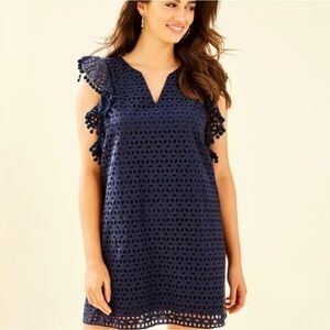 Lilly Pulitzer Astara Navy Eyelet Flutter Sleeve Relaxed Fit Dress 100% Cotton